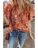 Orange Floral Print Ruffled Flutter Sleeve Frilled V Neck Blouse - L
