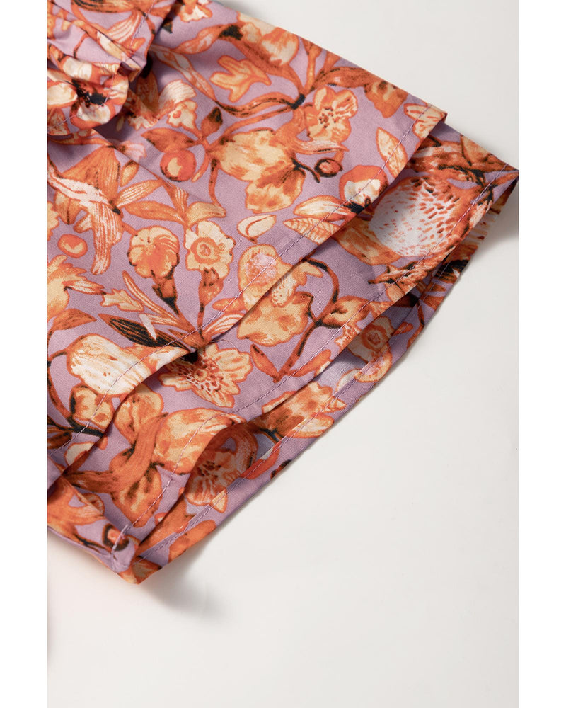 Orange Floral Print Ruffled Flutter Sleeve Frilled V Neck Blouse - L