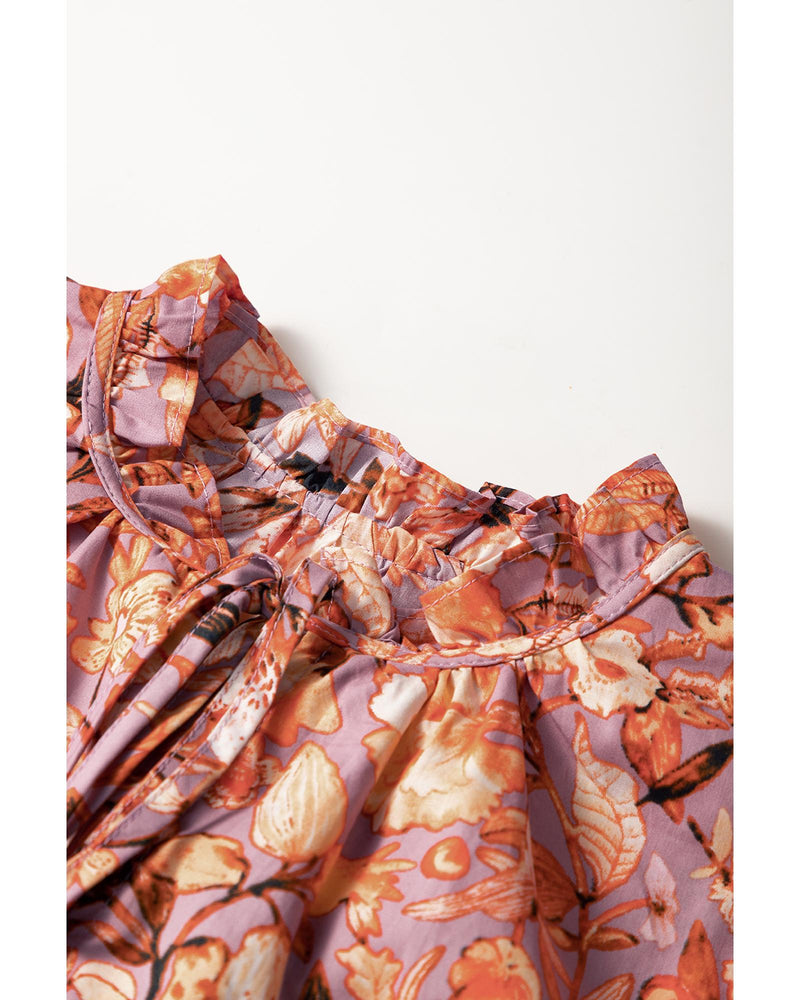 Orange Floral Print Ruffled Flutter Sleeve Frilled V Neck Blouse - L