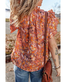 Orange Floral Print Ruffled Flutter Sleeve Frilled V Neck Blouse - M