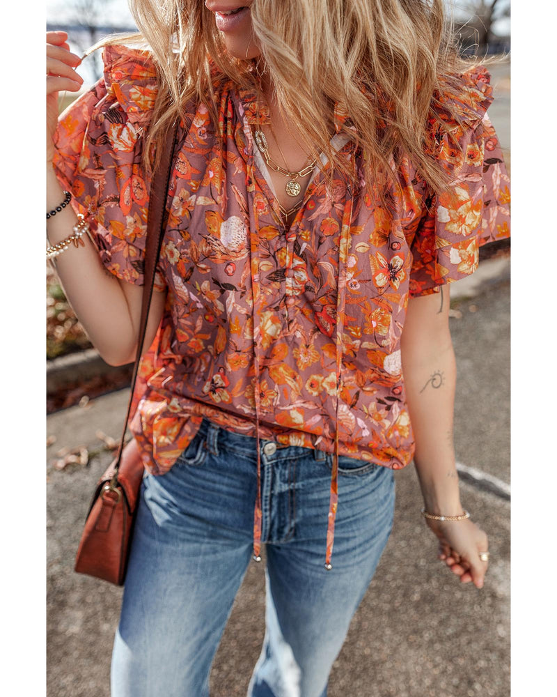 Orange Floral Print Ruffled Flutter Sleeve Frilled V Neck Blouse - M