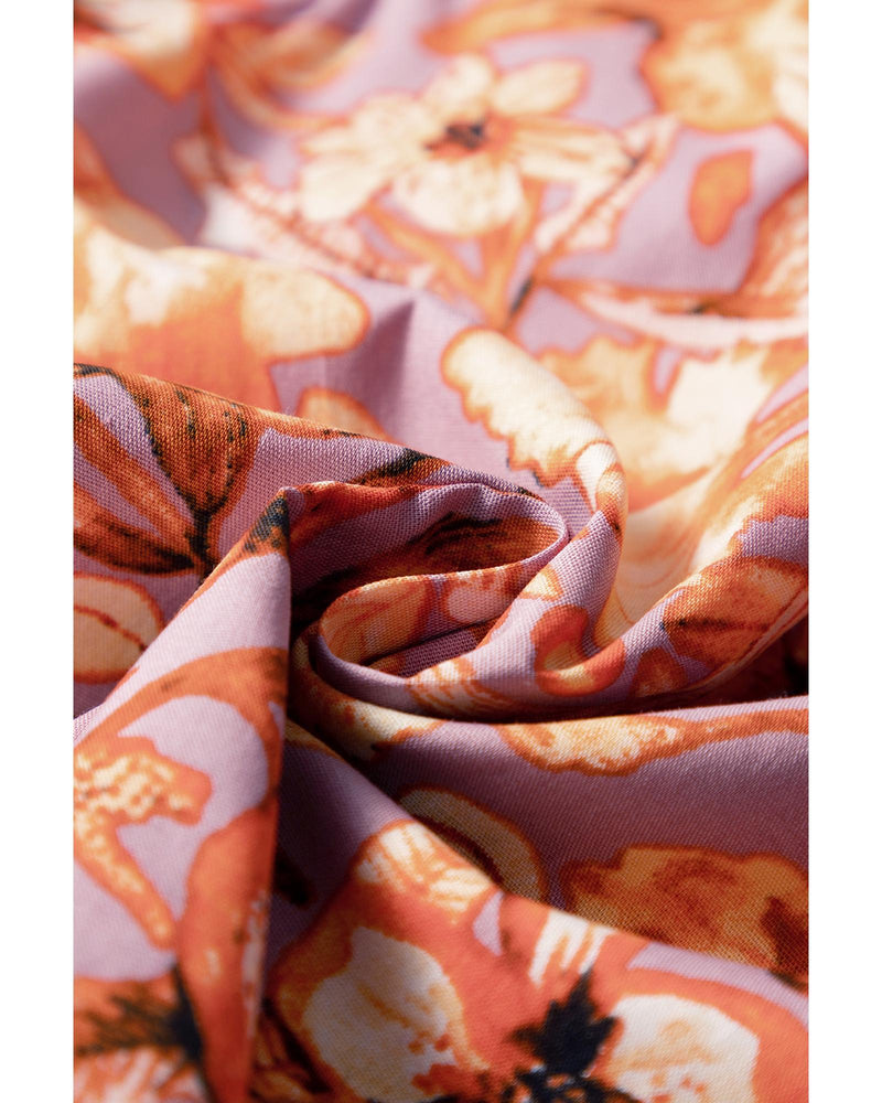 Orange Floral Print Ruffled Flutter Sleeve Frilled V Neck Blouse - M