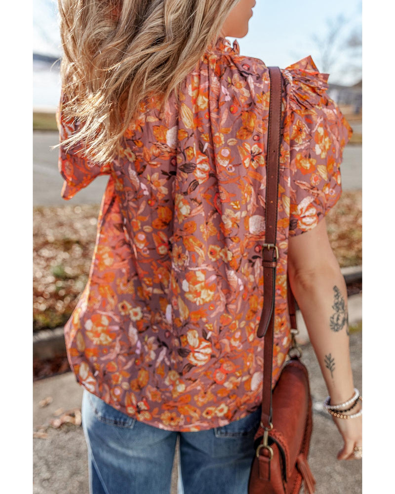 Orange Floral Print Ruffled Flutter Sleeve Frilled V Neck Blouse - S