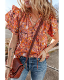 Orange Floral Print Ruffled Flutter Sleeve Frilled V Neck Blouse - S