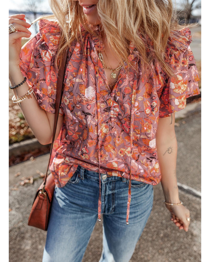 Orange Floral Print Ruffled Flutter Sleeve Frilled V Neck Blouse - XL