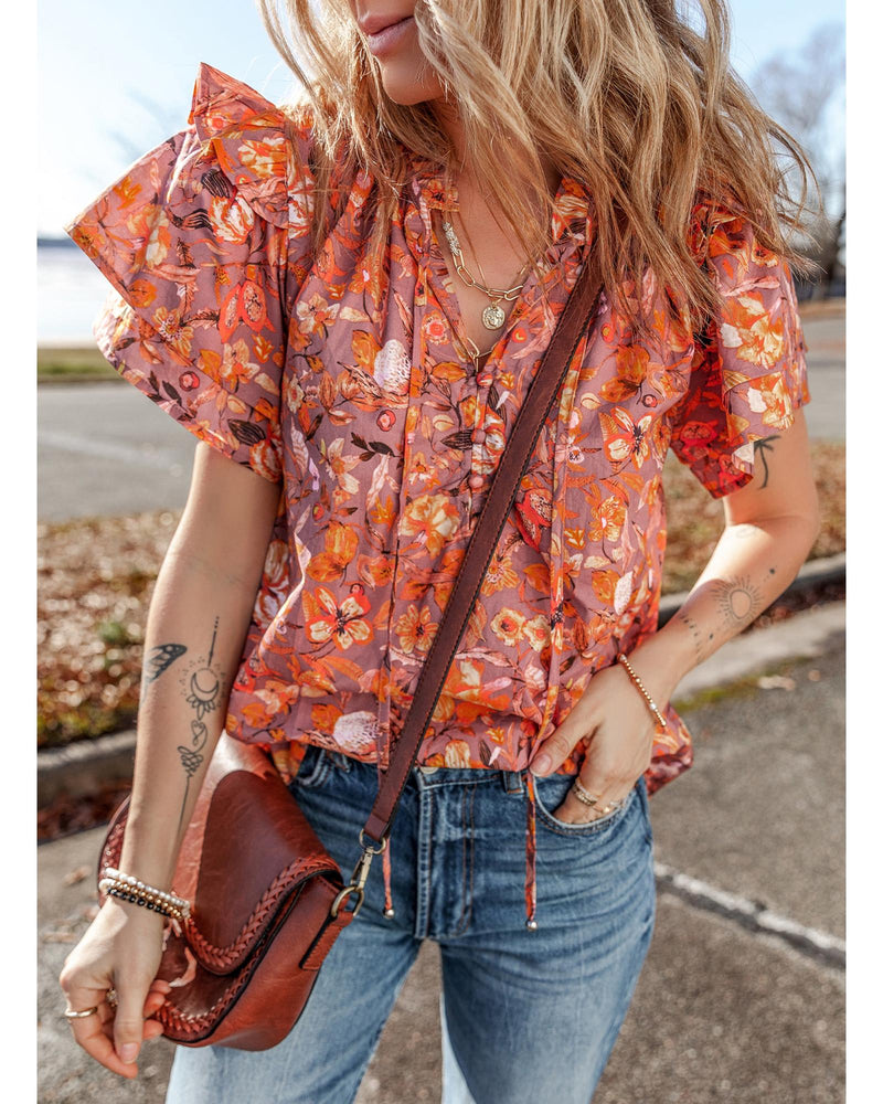 Orange Floral Print Ruffled Flutter Sleeve Frilled V Neck Blouse - XL