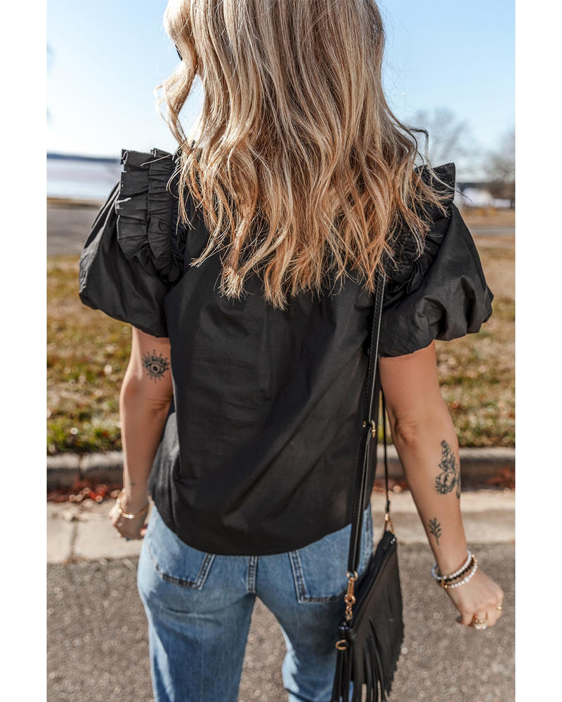 Black Ruffled Puff Short Sleeve Loose Blouse - L