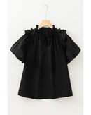 Black Ruffled Puff Short Sleeve Loose Blouse - L