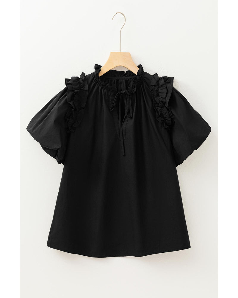 Black Ruffled Puff Short Sleeve Loose Blouse - L