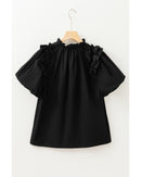 Black Ruffled Puff Short Sleeve Loose Blouse - L