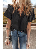Black Ruffled Puff Short Sleeve Loose Blouse - M