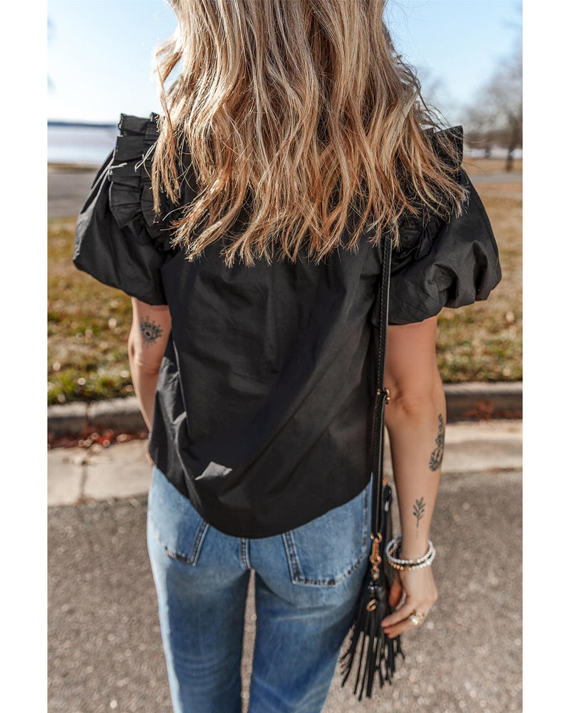 Black Ruffled Puff Short Sleeve Loose Blouse - M