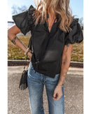 Black Ruffled Puff Short Sleeve Loose Blouse - M