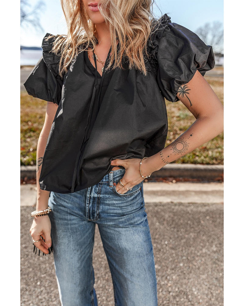 Black Ruffled Puff Short Sleeve Loose Blouse - M