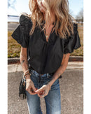 Black Ruffled Puff Short Sleeve Loose Blouse - M