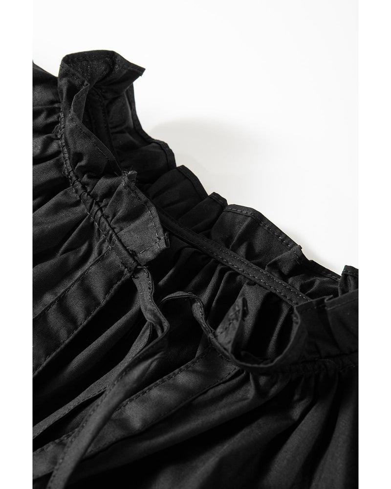 Black Ruffled Puff Short Sleeve Loose Blouse - M