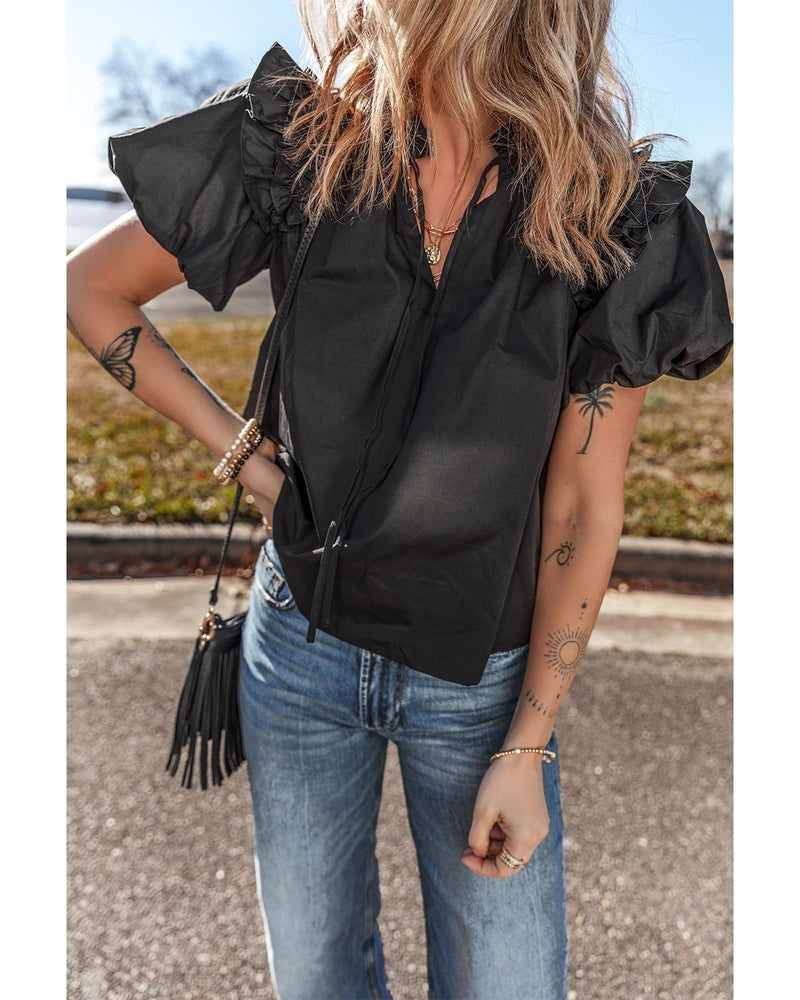 Black Ruffled Puff Short Sleeve Loose Blouse - XL