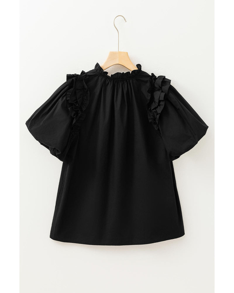 Black Ruffled Puff Short Sleeve Loose Blouse - XL