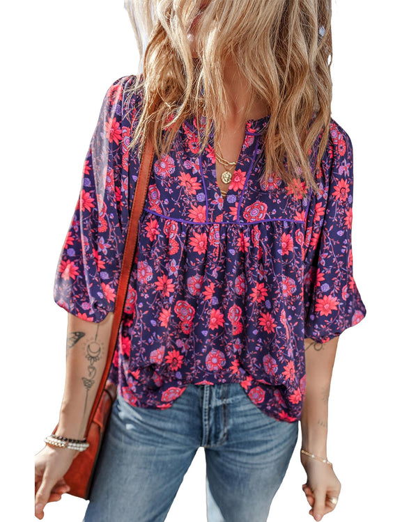Purple Floral Half Sleeve Split Neck Blouse Top - L