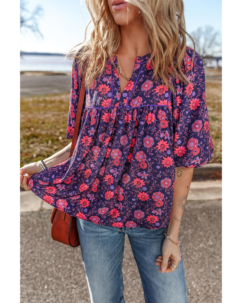 Purple Floral Half Sleeve Split Neck Blouse Top - L