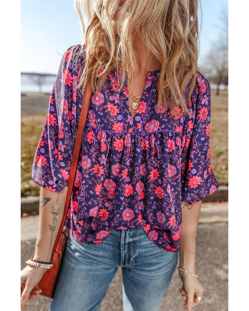 Purple Floral Half Sleeve Split Neck Blouse Top - L