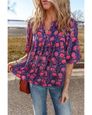 Purple Floral Half Sleeve Split Neck Blouse Top - M