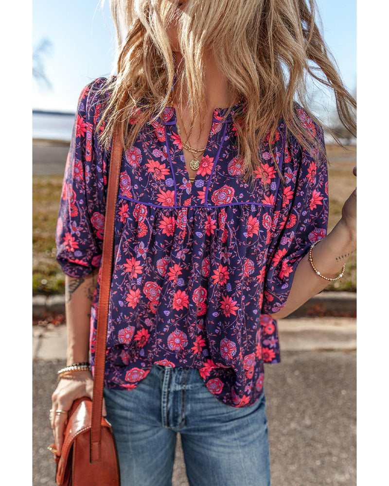 Purple Floral Half Sleeve Split Neck Blouse Top - M