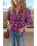Purple Floral Half Sleeve Split Neck Blouse Top - M