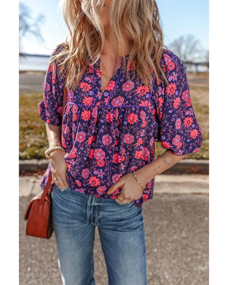 Purple Floral Half Sleeve Split Neck Blouse Top - M