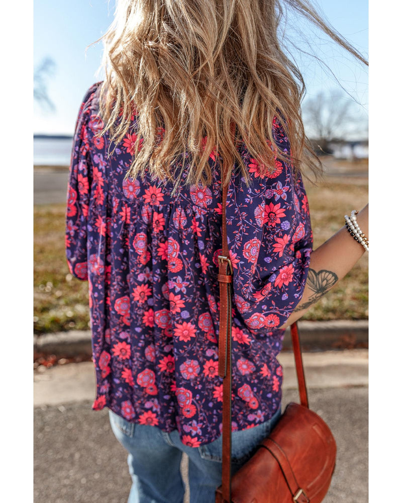 Purple Floral Half Sleeve Split Neck Blouse Top - M