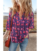 Purple Floral Half Sleeve Split Neck Blouse Top - M