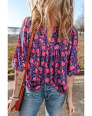 Purple Floral Half Sleeve Split Neck Blouse Top - M
