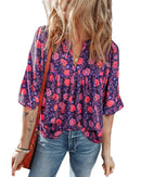 Purple Floral Half Sleeve Split Neck Blouse Top - S