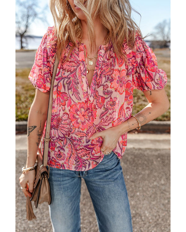 Red Floral Print Ruffled Puff Short Sleeve Blouse - L