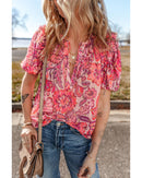 Red Floral Print Ruffled Puff Short Sleeve Blouse - L