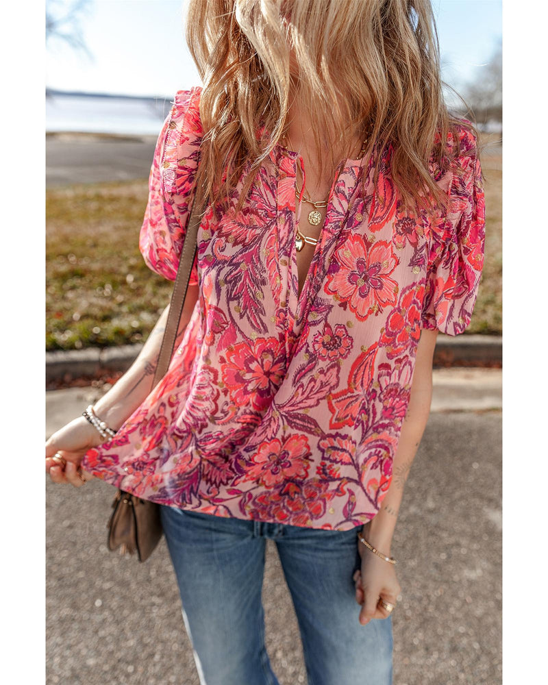 Red Floral Print Ruffled Puff Short Sleeve Blouse - M