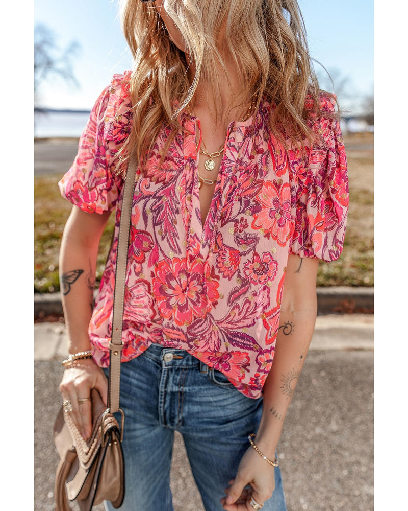 Red Floral Print Ruffled Puff Short Sleeve Blouse - M