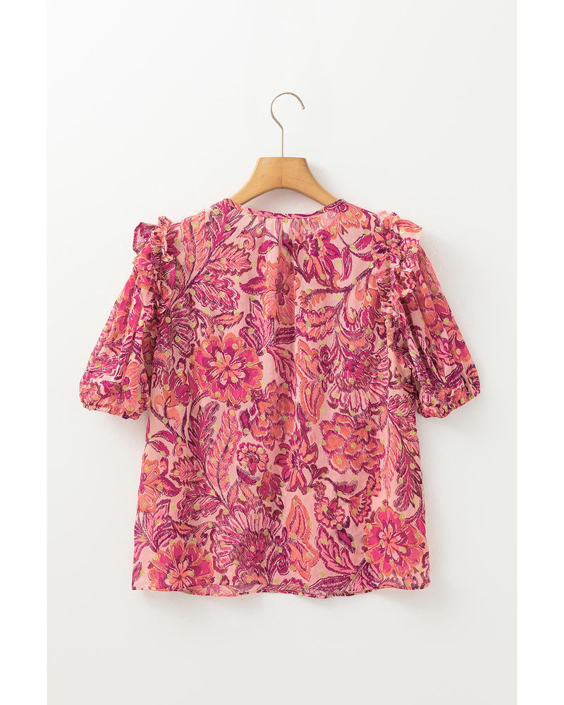 Red Floral Print Ruffled Puff Short Sleeve Blouse - S