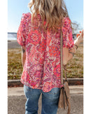 Red Floral Print Ruffled Puff Short Sleeve Blouse - XL