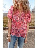 Red Floral Print Ruffled Puff Short Sleeve Blouse - XL