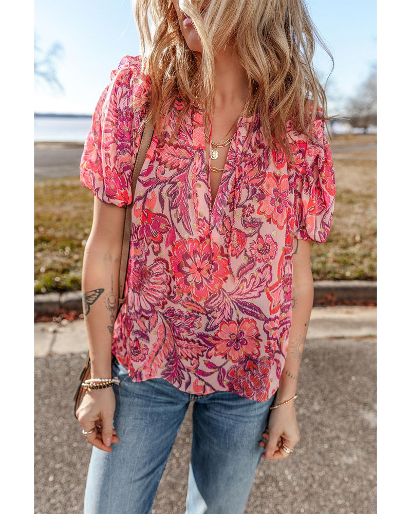 Red Floral Print Ruffled Puff Short Sleeve Blouse - XL