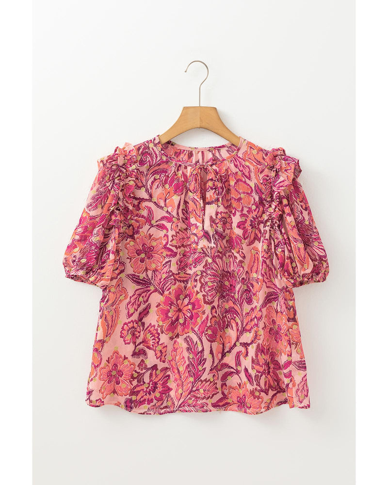 Red Floral Print Ruffled Puff Short Sleeve Blouse - XL