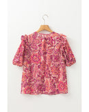 Red Floral Print Ruffled Puff Short Sleeve Blouse - XL