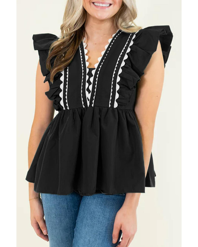 Black Contrast Ricrac Trim Ruffled V Neck Peplum Top - L