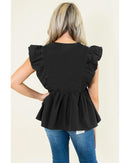 Black Contrast Ricrac Trim Ruffled V Neck Peplum Top - L