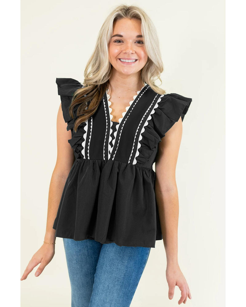 Black Contrast Ricrac Trim Ruffled V Neck Peplum Top - M