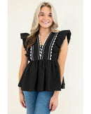 Black Contrast Ricrac Trim Ruffled V Neck Peplum Top - M