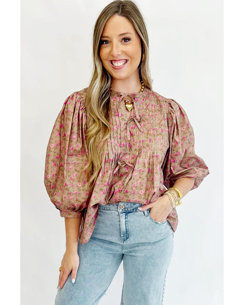 Light French Beige Floral Print Bow Pintuck Bust Half Puff Sleeve Blouse Top - M