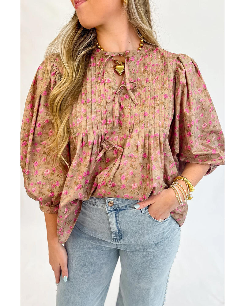 Light French Beige Floral Print Bow Pintuck Bust Half Puff Sleeve Blouse Top - S