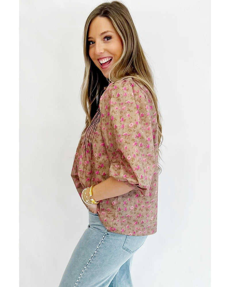 Light French Beige Floral Print Bow Pintuck Bust Half Puff Sleeve Blouse Top - S